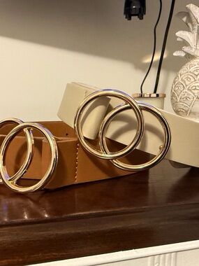 Plus Size Double-Ring Leather Belt Set - Cream and Cognac with Gold Buckle